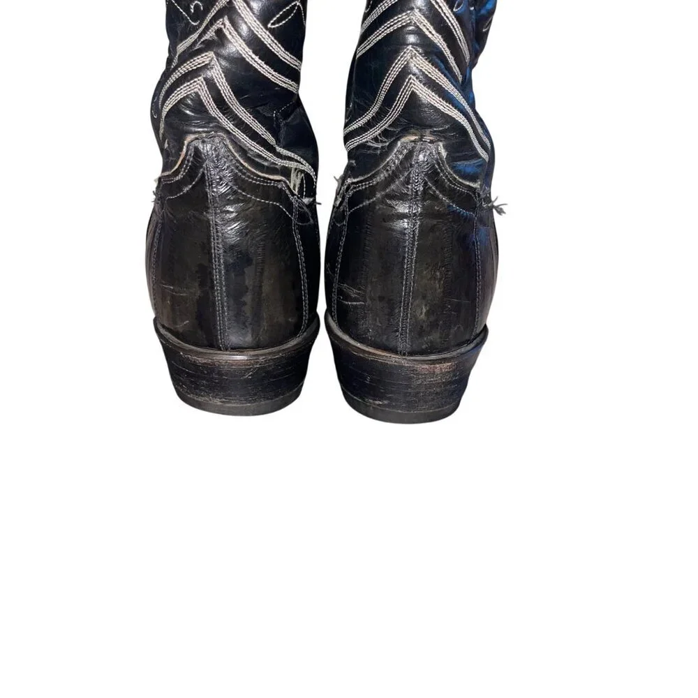 Tony Lama Mens Boots Size 7.5 Black Flame Stitch Detail Eel Skin Casual USA